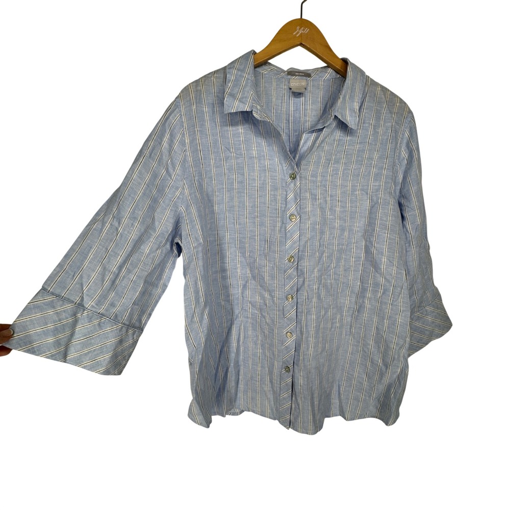 Chicos No Iron 100% Linen Blue Striped 3/4 Sleeve Button Down Shirt Size 3 XL